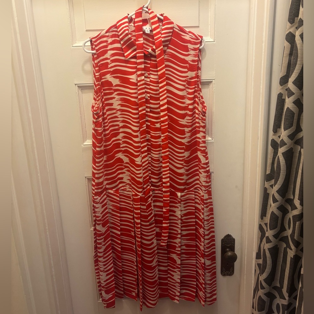 Cabi Brushstrokes Red and White Stripe Sleeveless Pleated Dress Size XL